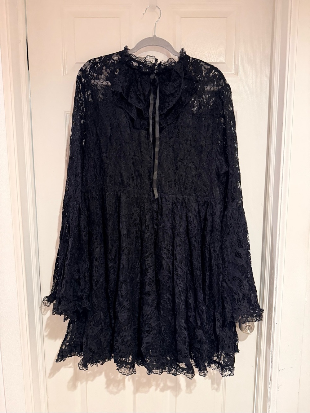 SHEIN Black Lace Long Sleeve Ruffled Tie Neck Mini Dress - Picture 2 of 8